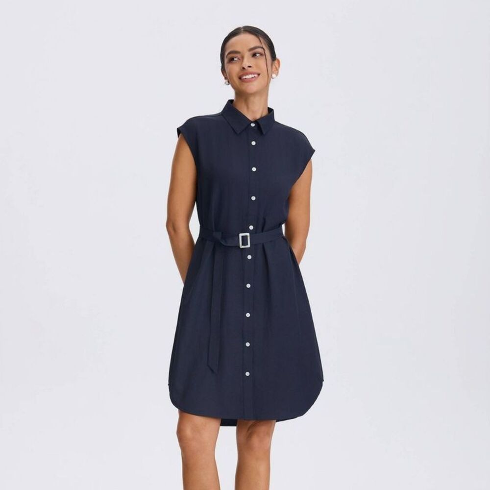 Women's Cap Sleeve Belted Button-Down Shirtdress - A New Day Navy Blue M
